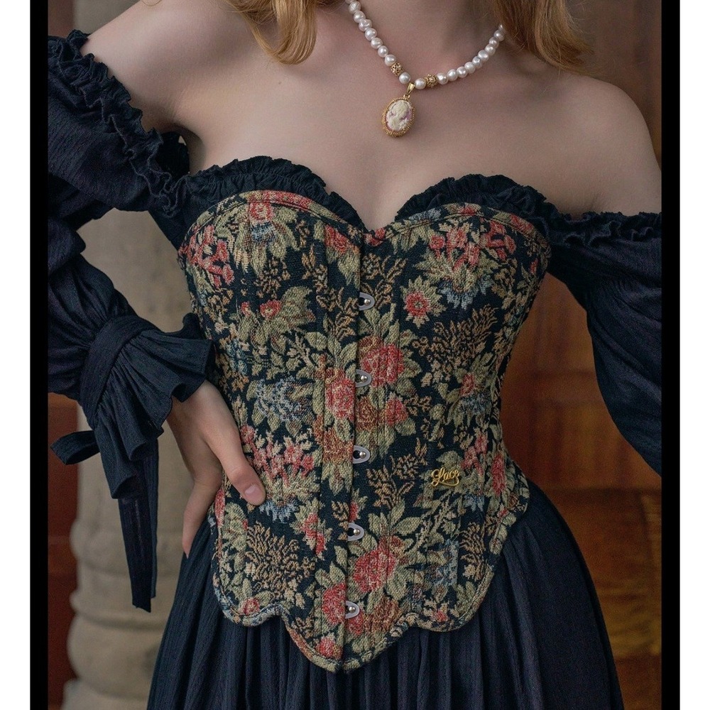 LaceMade Floral Tapestry Corset Top Lace Up Back Victorian Cottagecore Medium - Picture 7 of 8